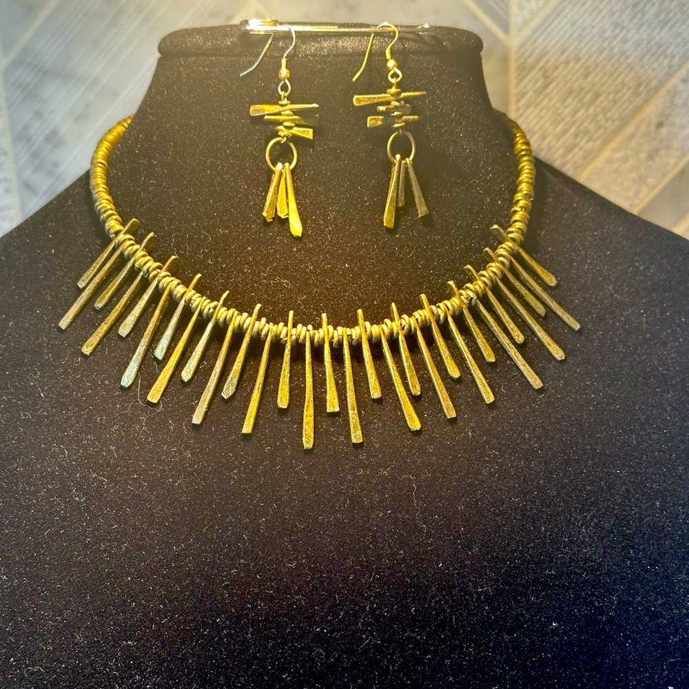 Brass Collar Necklace with Fringe Design